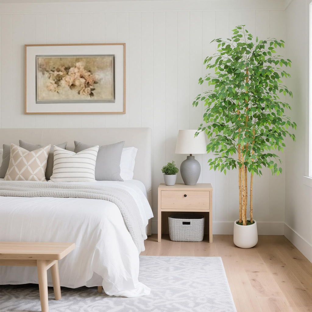 7ft Ficus Tree Artificial with Multi-Real Wood Trunks & White Planter, 84in Realistic Texture Potted Faux Ficus Tree