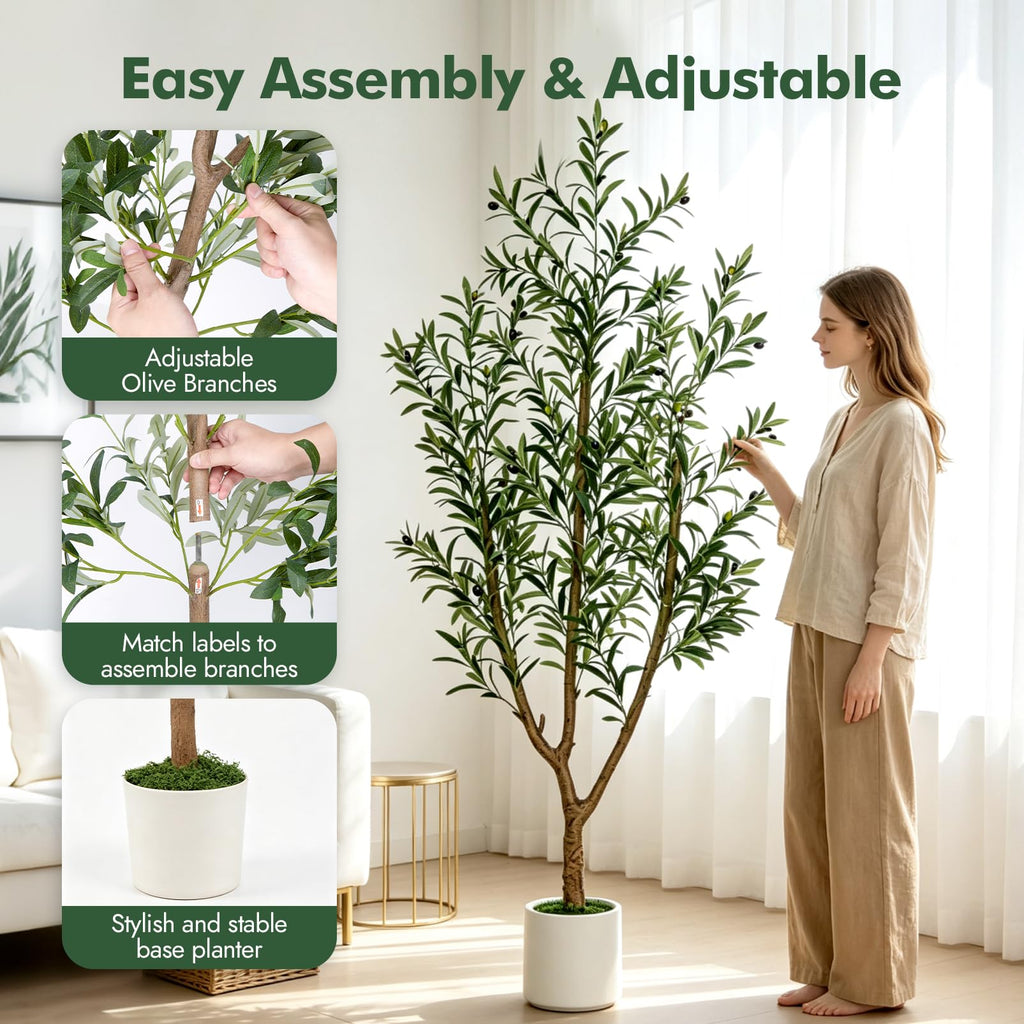 Olive Trees Artificial Indoor: 6FT Faux Olive Tree with White Tall Planter & Moss, Large Fake Plants with Natural