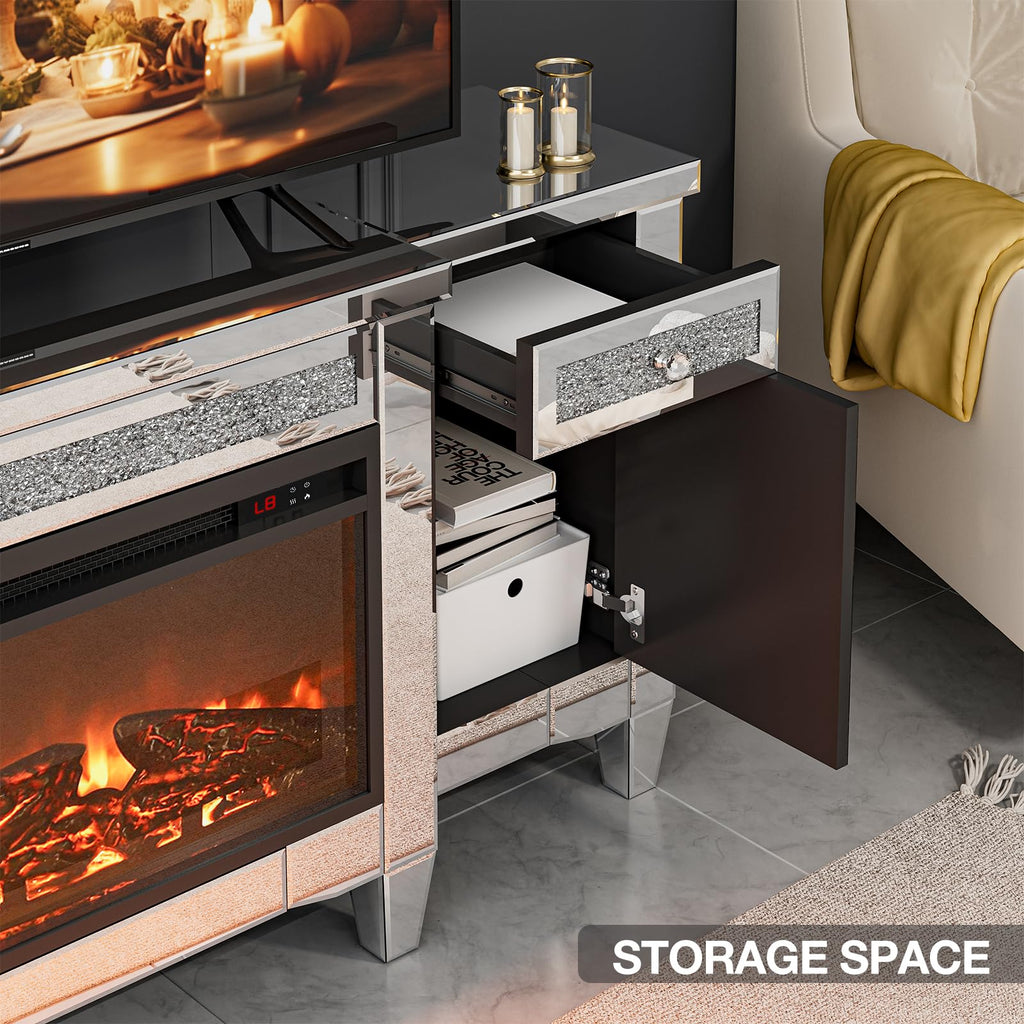 Mirrored TV Stand with Fireplace, 2 Drawers & Cabinets for 65"+ TVs
