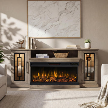 75 Inch Electric, 3- Side Glass LED Modern Media Entertainment Center Console Table for TVs up to 80/85 Inch
