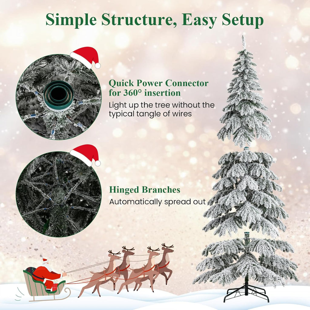 Pre-Lit Snow Flocked Drooping Christmas Tree, Artificial Hinged Xmas Tree with Quick Power Connectors, 1223