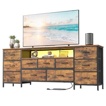TV Stand with LED Lights, 11 Drawers, 68.6" W, Rustic Brown