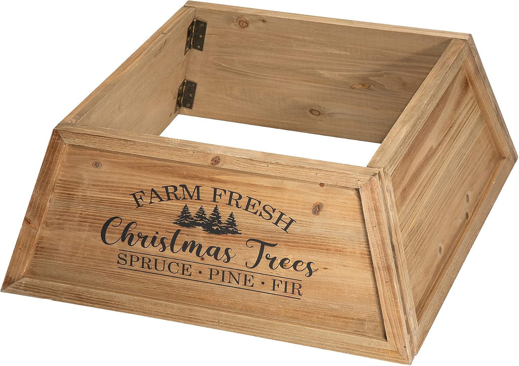 26" L Natural Wooden Trapezoid Tree Collar, Rustic Christmas Trees Stand Cover Fresh Tree Ring Festive Party Decor