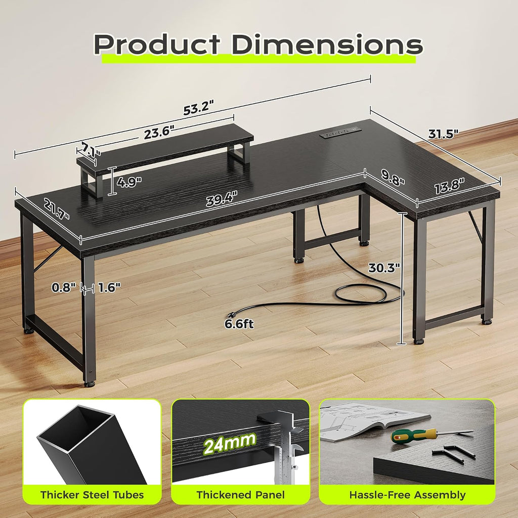 53" L Shaped Computer Desk, Power Outlets, Monitor Stand, Black | USB-C Ports, Reversible Charging Station, Spacious