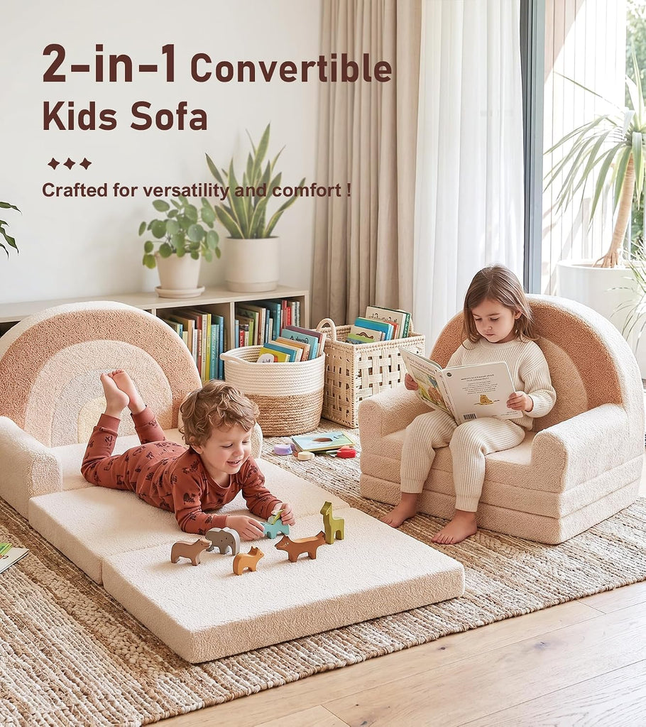 In-1 Extra Large Kids Couch Fold Out, Soft Kid Sofa for Playroom, Beige