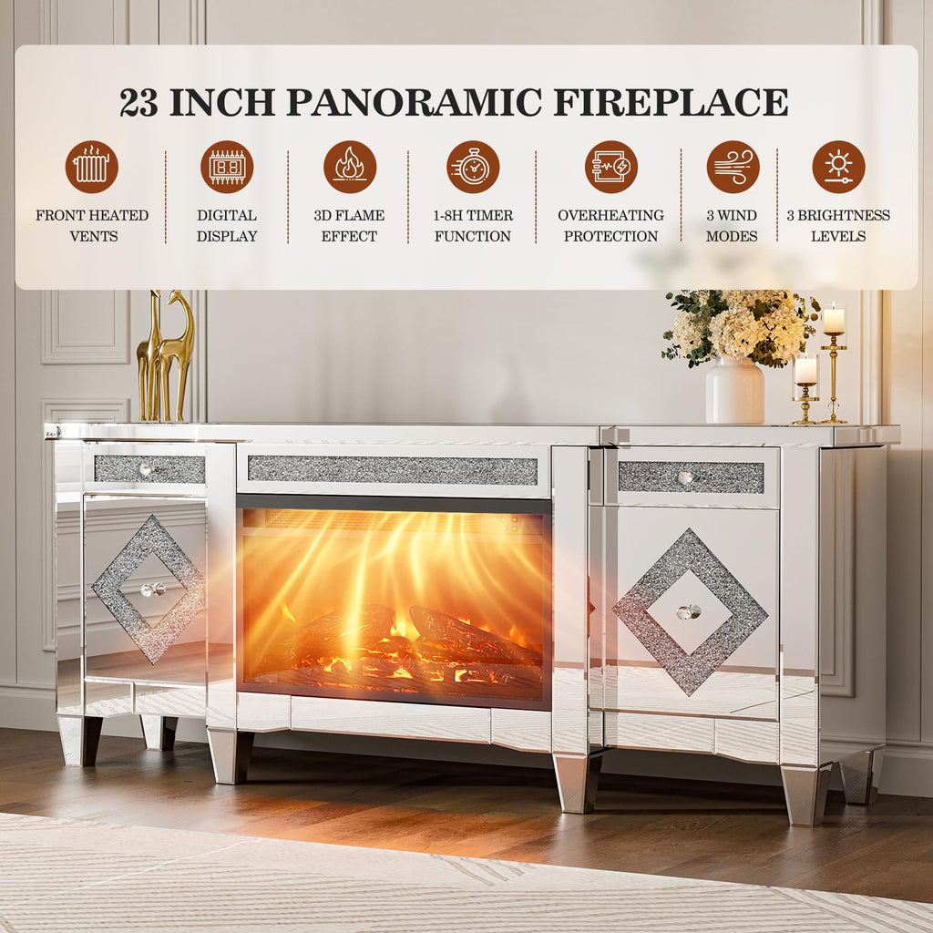 Mirrored TV Stand with Fireplace, 2 Drawers & Cabinets for 65"+ TVs