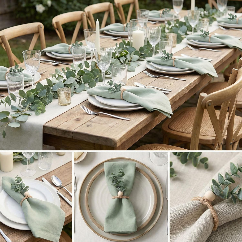 Napkin Rings, Easter Napkin Rings, Boho Eucalyptus Leaf Napkins Ring, Wood Bead Rustic Farmhouse Napkins - Set of 12