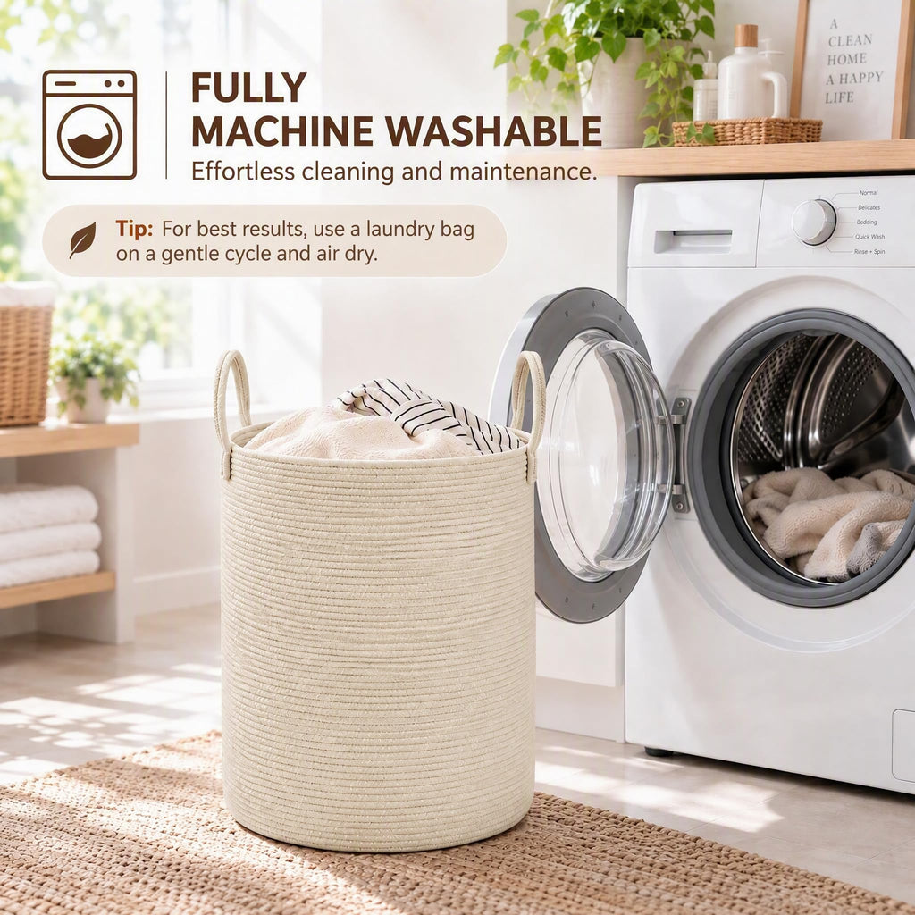 80L Cotton Rope Laundry Basket Hamper, Beige