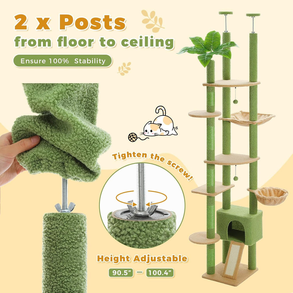 Floor to Ceiling Cat Tree, Height Adjustable 90.5-100.4'', Green