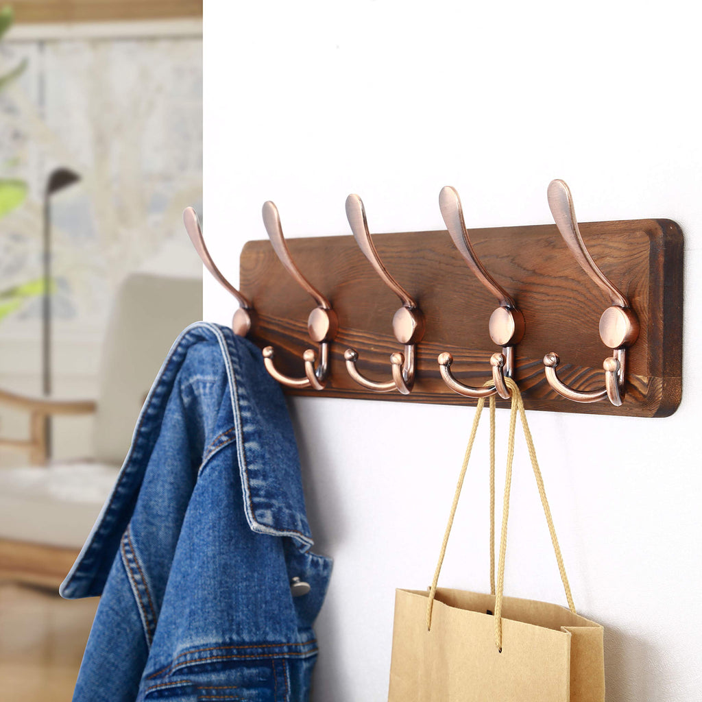 Rustic Pine Wood Wall Coat Rack with 5 Triple Hooks, 16" Stud Spacing, Farmhouse Wall Mounted Coat Rack for Hanging