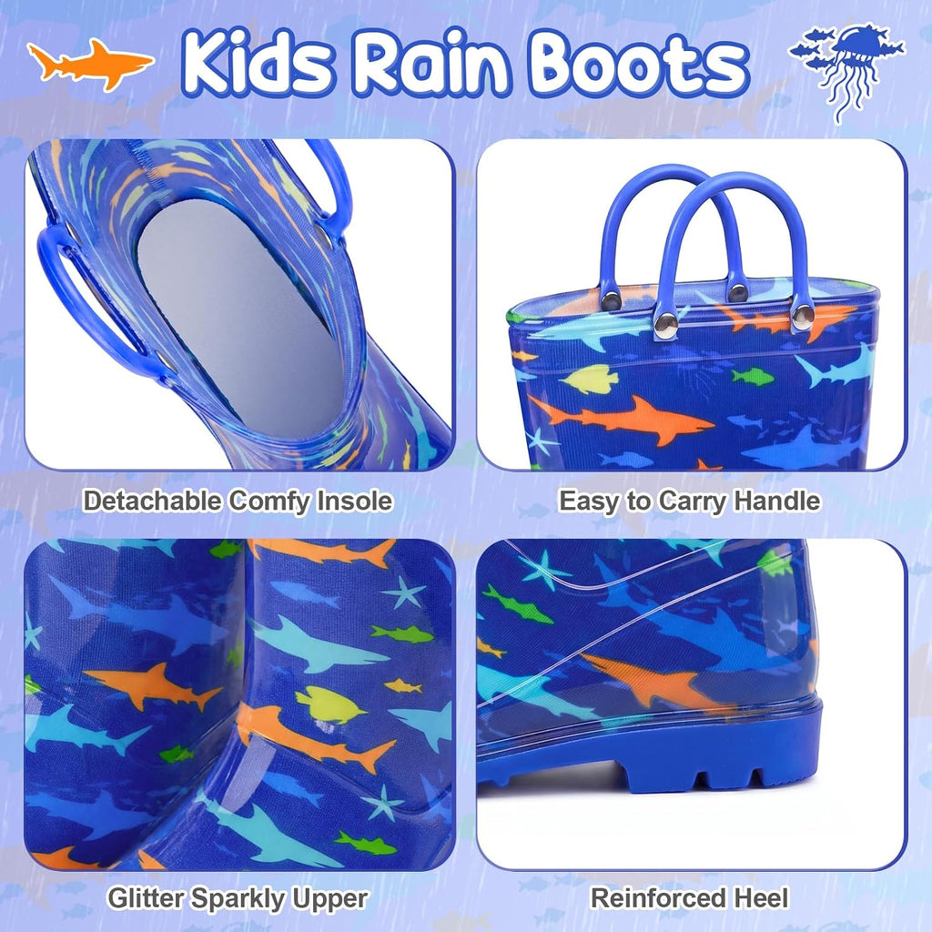 Kids Rain Boots for Boys Rain Boots Dinosaur Shark Rainboots Toddler Boy Waterproof Lightweight Easy-On Handles