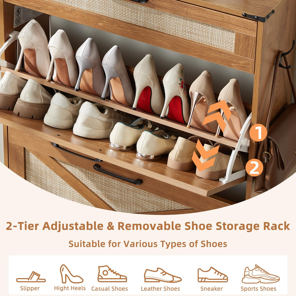 Rattan Shoe Cabinet Storage With 2 Flip Drawers