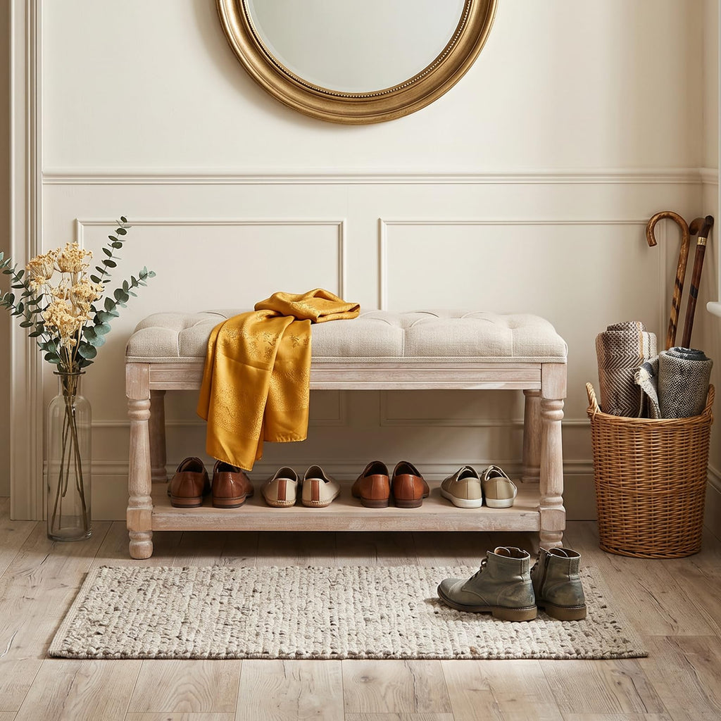 Storage Bench 31.5" W Button Tufted Small Entryway Bench with Wooden Shoes Rack End of Bed Bench with Fabric Linen