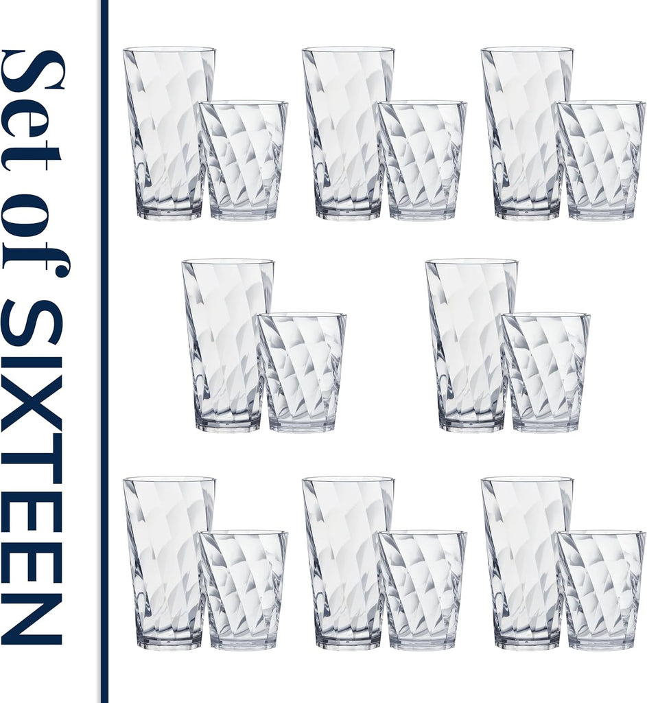 Optix Plastic Reusable Drinking Glasses (Set of 16) 14oz Rocks & 20oz Water Cups in Clear | BPA-Free Tumblers, Made