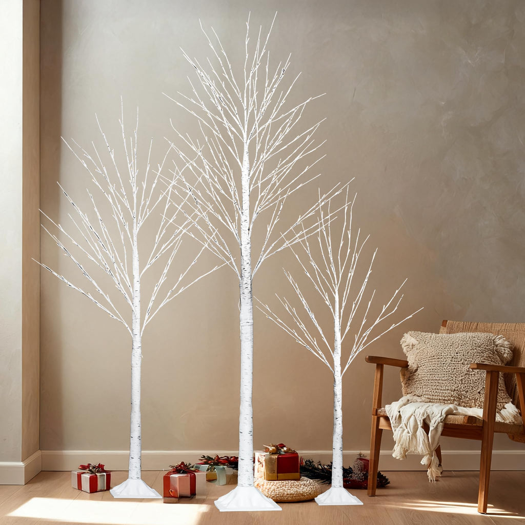 Set of 3 Lighted Birch Tree, 4FT 6FT 8FT White Artificial Christmas Tree with Total 456 LED Light, Prelit Waterproof