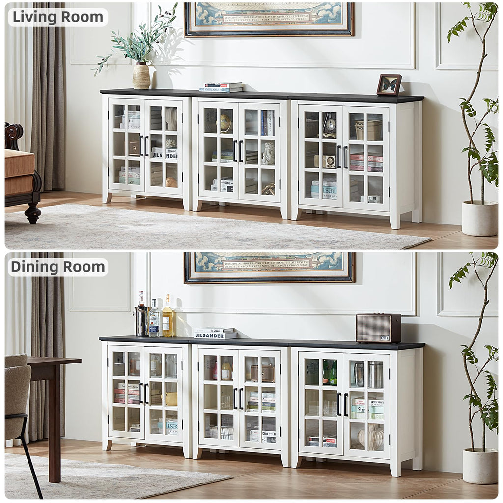 Large Sideboard Buffet Cabinet with Storage, 32" Farmhouse White Kitchen Coffee Wine Bar Cabinet with 4 Glass Doors