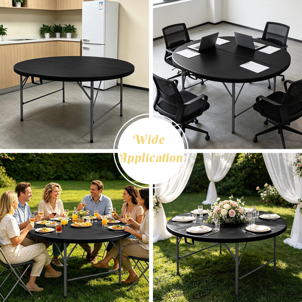 5 FT Round Folding Tables with Carrying Handle 60 inch Heavy Duty Portable Plastic Commercial Table Steel Legs for