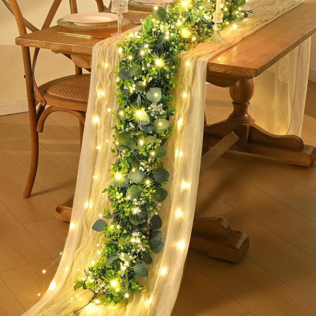 Eucalyptus Garland with Lights, Greenery Garland, Green Garland with Flowers, 5.9FT Artificial Faux Eucalyptus - Set of 4