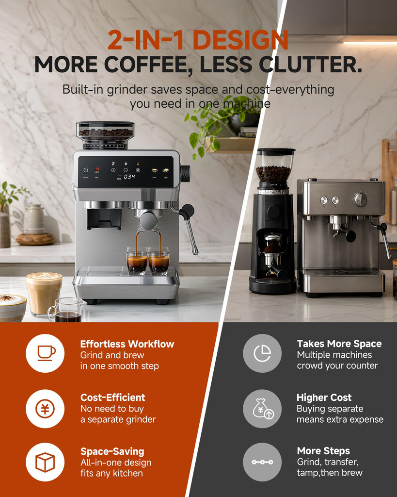 Espresso Machine With Grinder, Temp Control, 44 Grind Settings