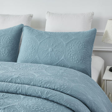 Blue Quilt Set Cotton Queen Chic Medallion Matelasse Coverlet 3PC