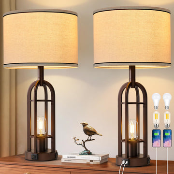 24" Farmhouse Table Lamps Bedroom Set of 2, USB A+C