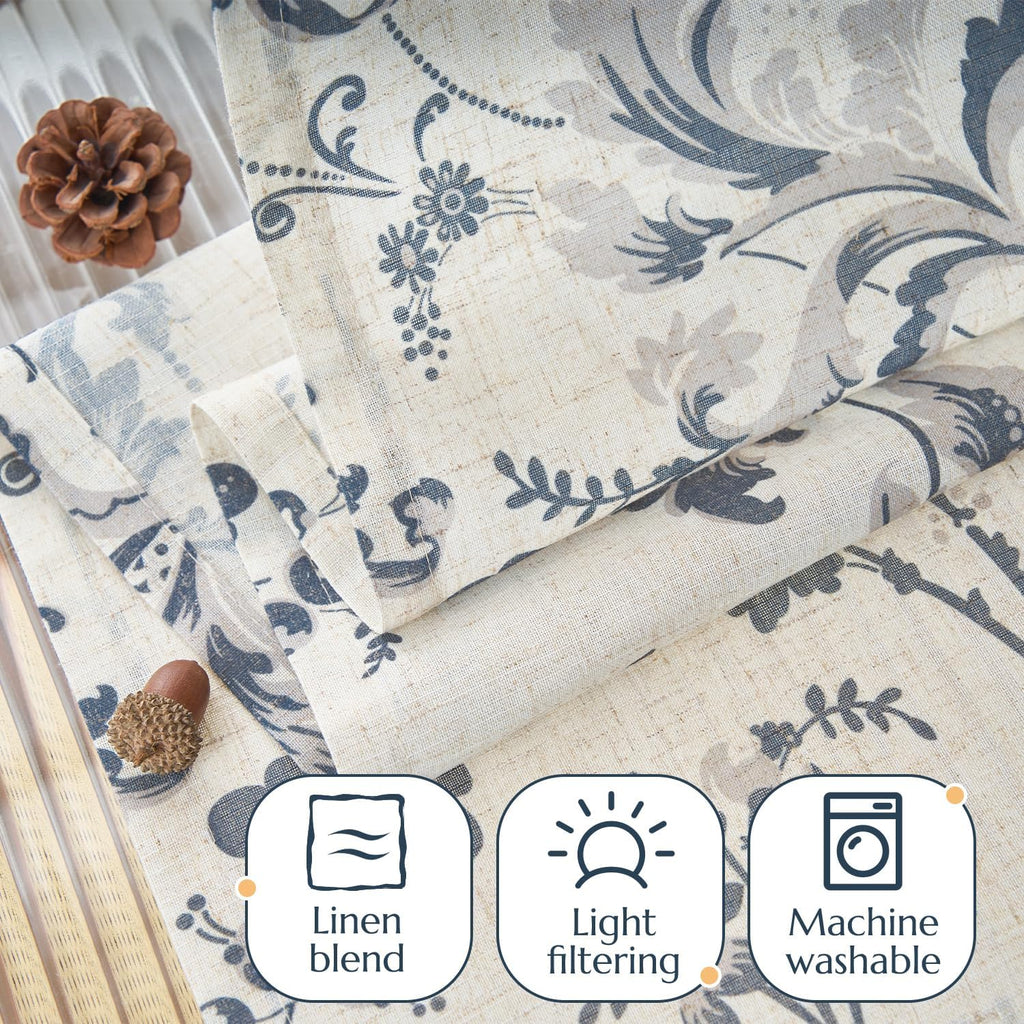 Tie Up Valance Curtain Floral Linen for Windows Farmhouse 45 Inch Damask Printed Short Window Treatment Adjustable