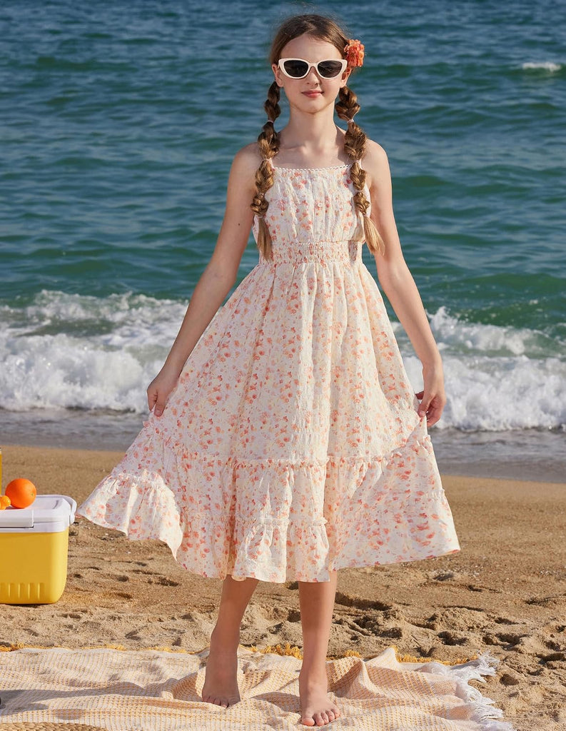 Girls Summer Floral Dress Kids Long Spring Easter Dresses Teens Button Front Straps Flower Hawaiian Sundress
