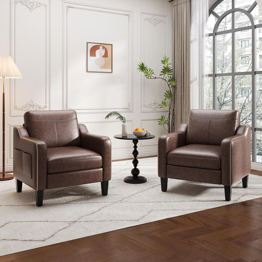 PU Leather Accent Chair, Mid-Century Modern Living Room Armchair Sofa with Removable Cushions, Solid Wood Frame &