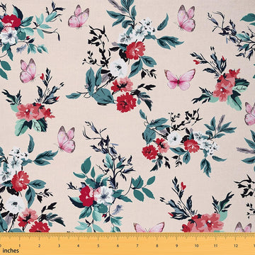 Blooming Flowers Indoor Outdoor Fabric, Farmhouse Butterflies Soft Polyester No Stretch Retro Aesthetic Crafts &