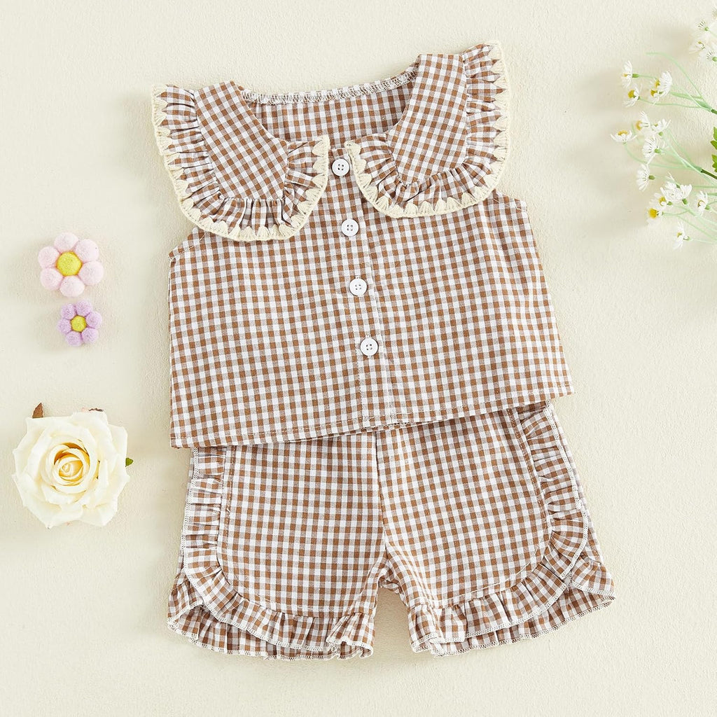 Toddler Girl Summer Outfits Plaid Bowknot Front Fly Sleeve T-shirt Tops Kids Girl Shorts Clothes Set