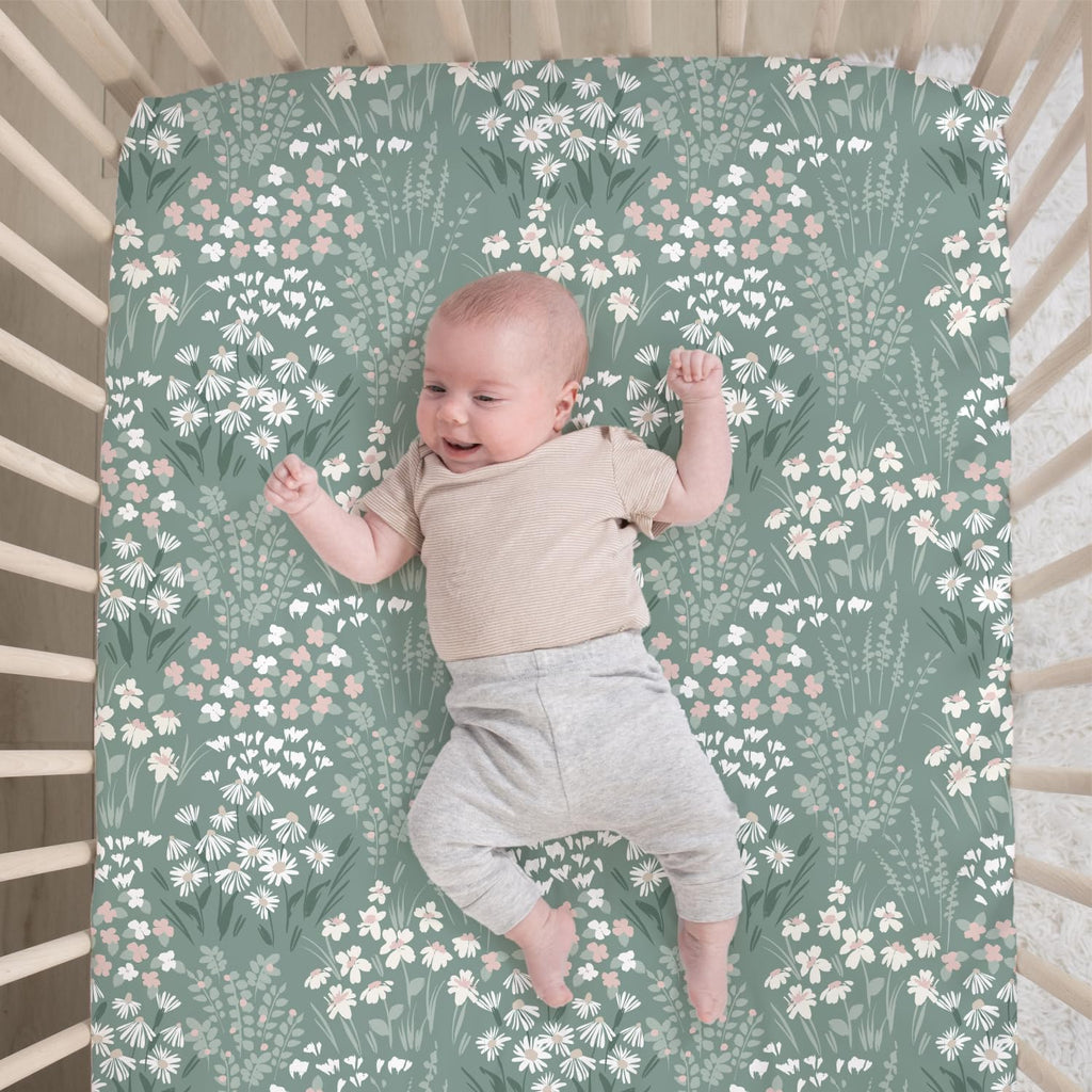 Sage Meadow 3-Piece Baby Girl Crib Bedding Set - Botanical Nursery Quilt Comforter, Sheet & Skirt - Floral Baby Crib