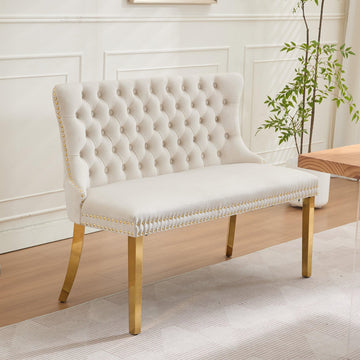 Luxury Settee Dining Bench with Back, Velvet Upholstered Banquette Benches with Nailhead Trim, Button Tufted Small