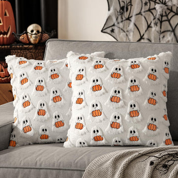 Halloween Pillow Covers Decorative Fall Cute Ghost Plush Faux Fur Pillows 18x18 Inch Soft Pumpkin Accents - Set of 2
