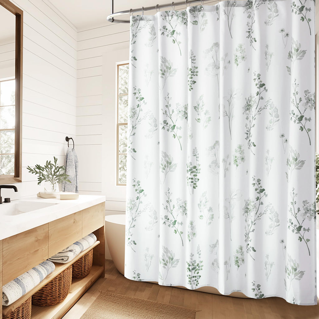 Extra Long 84 Inch Shower Curtains, Fabric Waterproof White and Sage Green Boho Floral Pattern Farm House