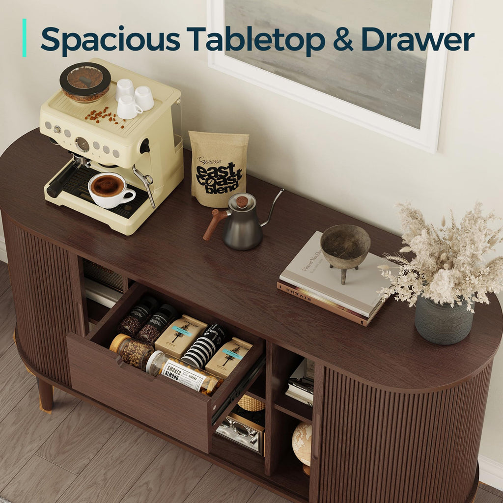 Sideboard Buffet Cabinet with Storage, 55" Fluted Coffee Bar Cabinet with Tambour Sliding Doors and Drawer, Mid
