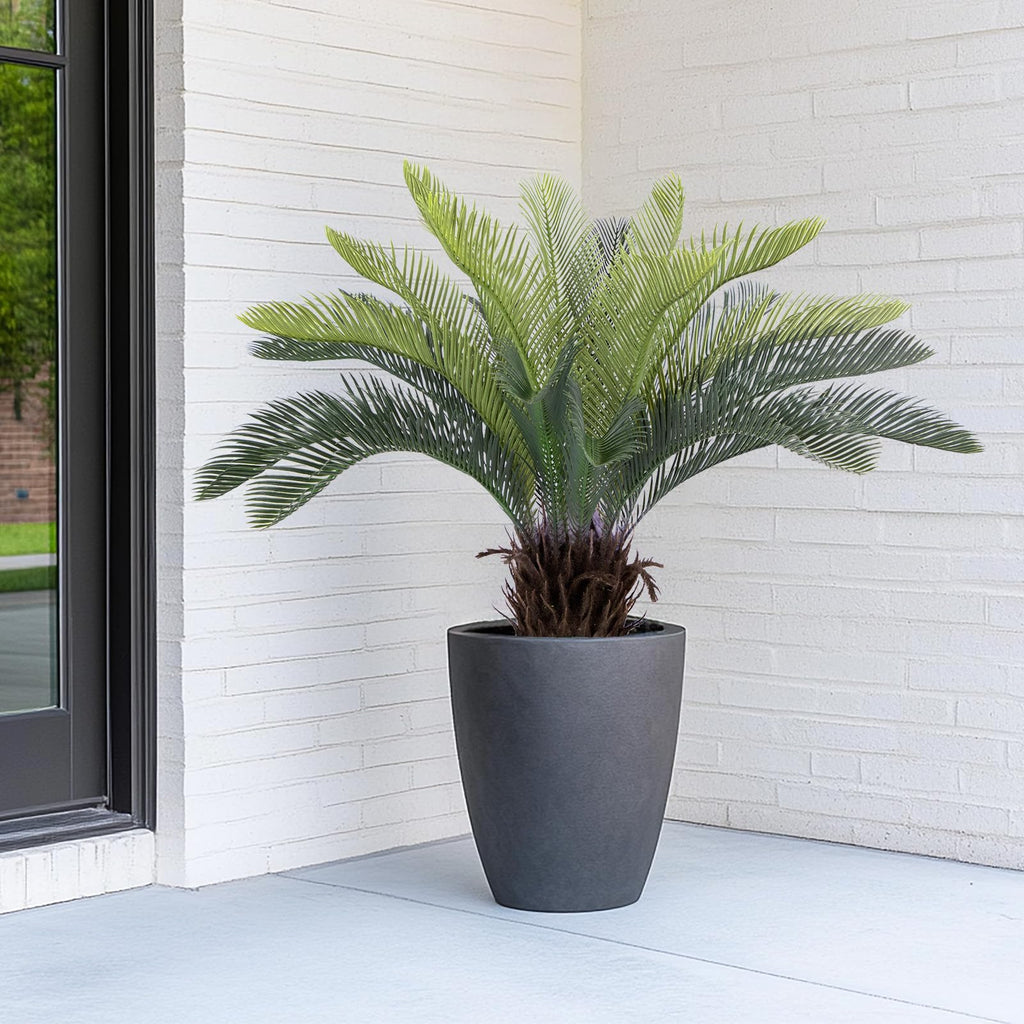 2ft Artificial Cycad Tree UV Resistant with Lifelike Bark & Realistic Leaves, 24in Super Full Faux Sago Palm Tree