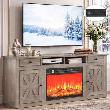59" TV Stand with Electric Fireplace, Power Strips, Grey Oak