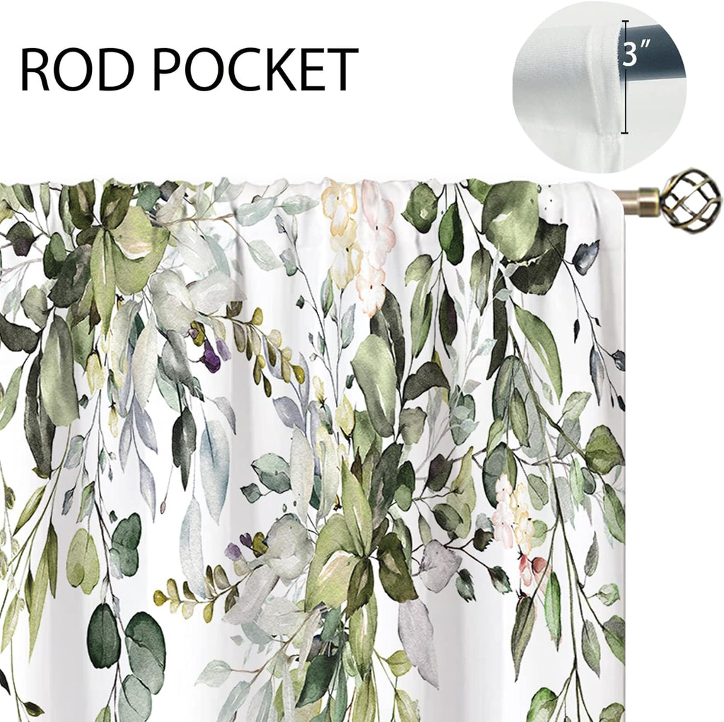 Eucalyptus Botanical Leaves Floral Kitchen Window Curtains Over Sink Boho Farmhouse Flower Leaf Small Window