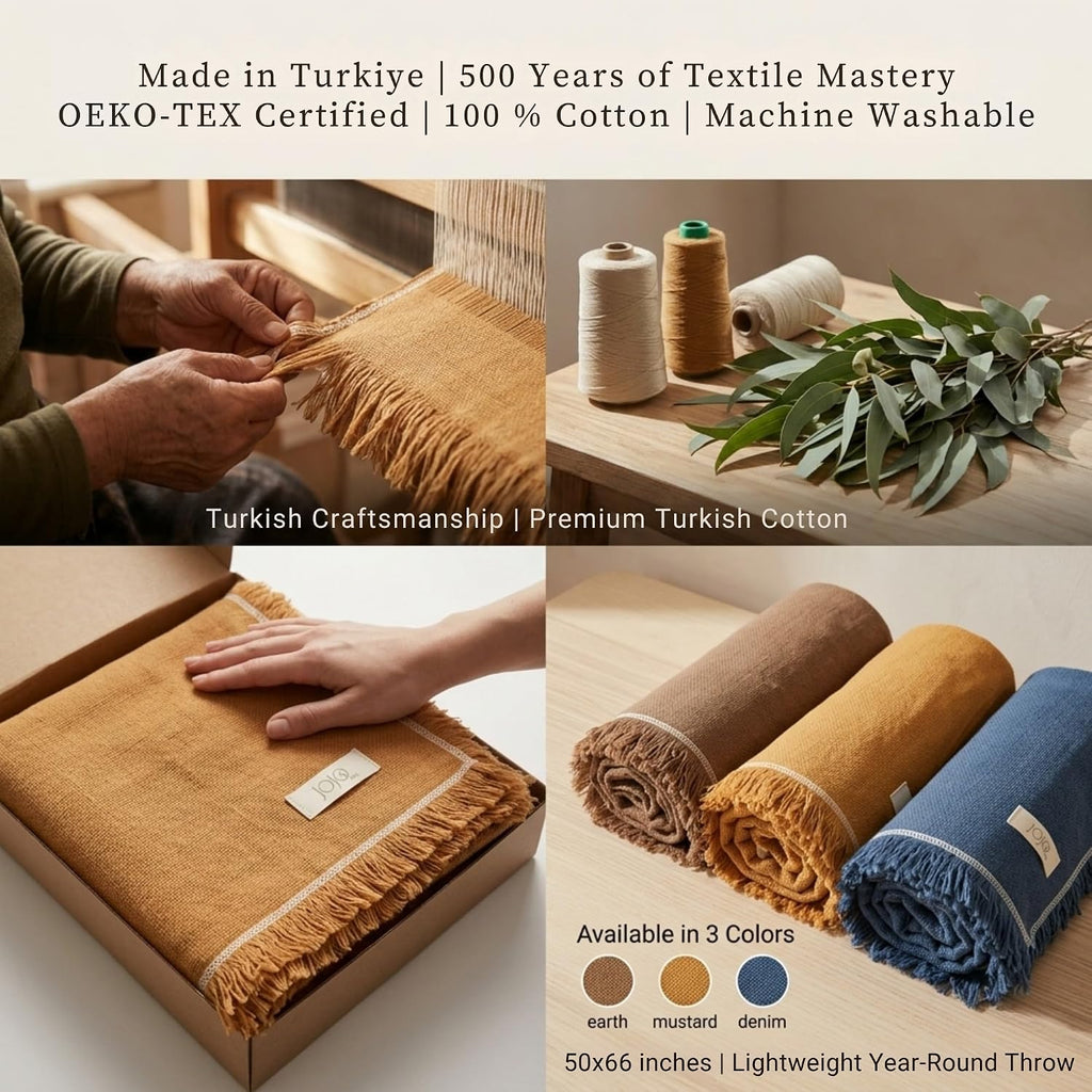 Odin Waffle Throw Blanket with Tassels, 50x66 Inch, 100% Turkish Cotton, Oeko-TEX Certified, Breathable Lightweight