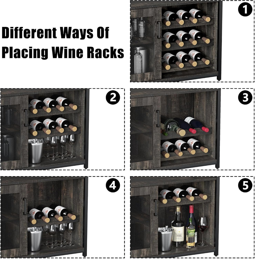Wine Bar Cabinet with Detachable Wine Rack and Storage Space | 3-Tier Buffet Cabinet with Glass Holder and Mesh Door