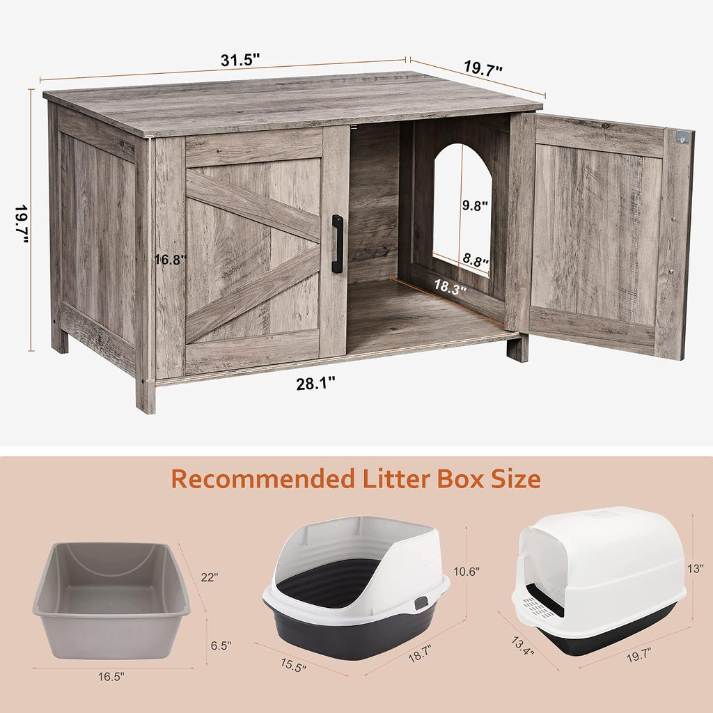 31.5" L Cat Litter Box Enclosure with Barn Door, Greige
