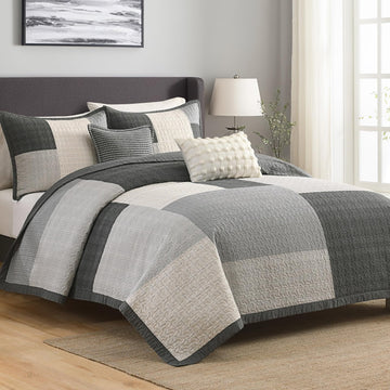 5-Piece Quilt Set, 100% Cotton, Patchwork Comforter Bedding Set, Farmhouse Plaid Quilted Bedspreads