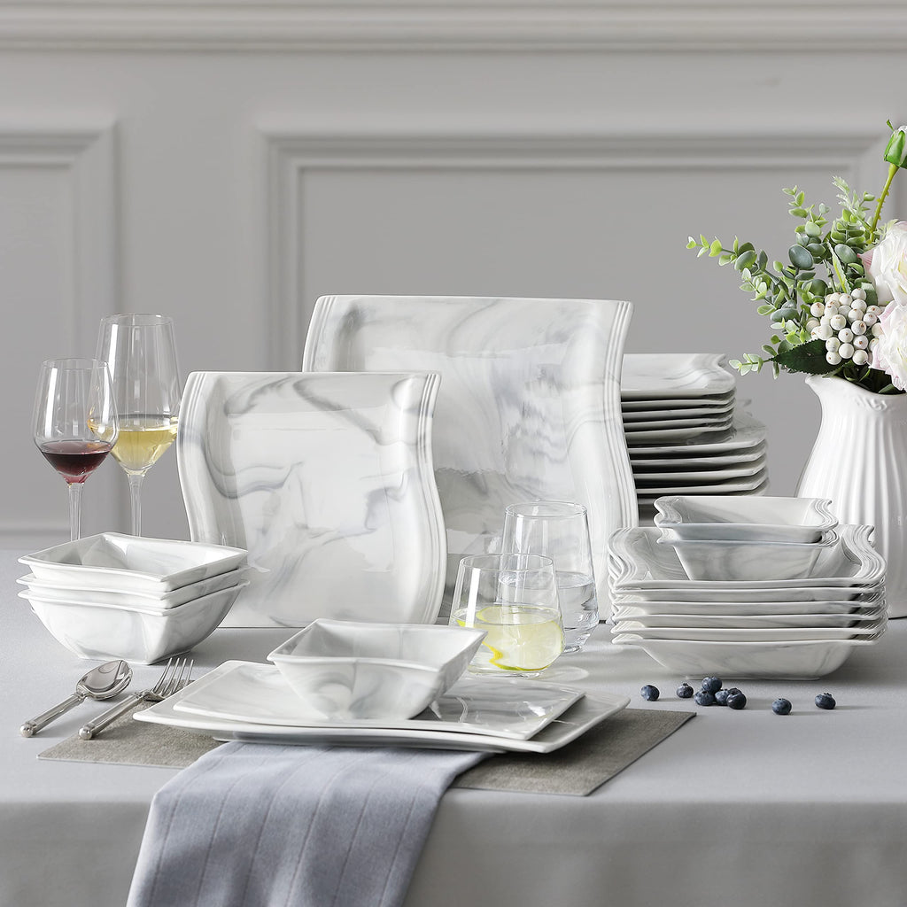 26-Piece Marble Grey Square Dinnerware Sets, Flora Porcelain Dinner Set for 6, Service for 6, Microwave & Dishwasher