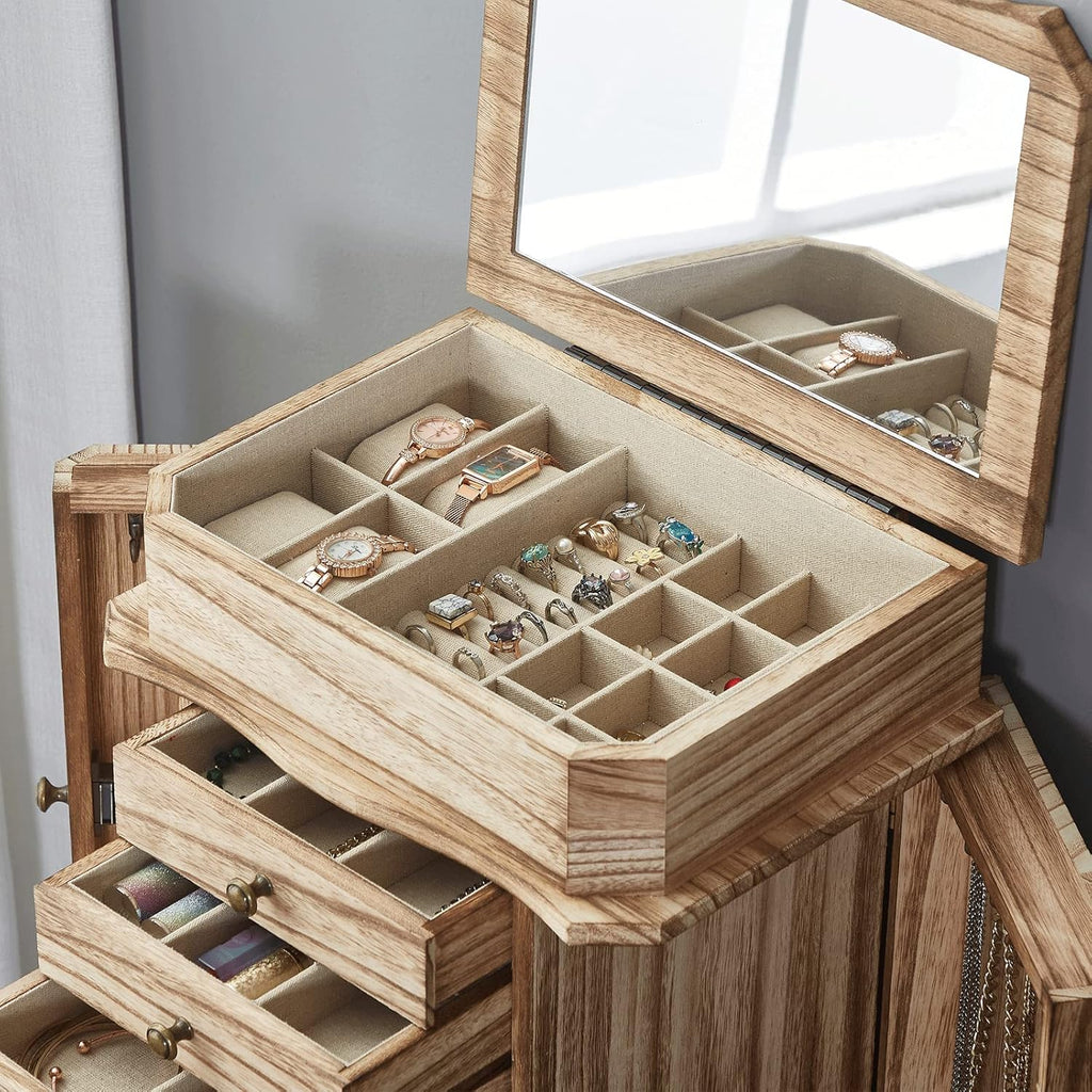 Standing Jewelry Armoire, 7 Drawers & 2 Side Doors Jewelry Amoire Cabinet Standing with Top Flip Makeup Mirror