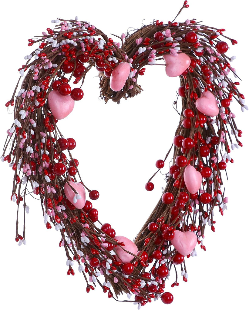 Valentine's Day Wreath,15" Heart Shaped Wreath with Red Berries and Small Pink Hearts for Valentine's Day Wedding