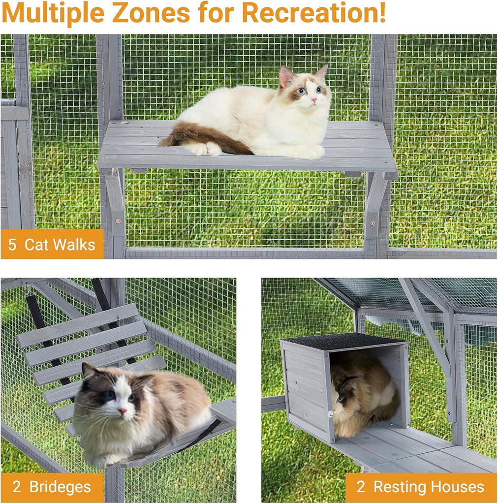 Large Outdoor Catio Cat Enclosure, 57 Sq Ft Walk‐in Wooden Cat House