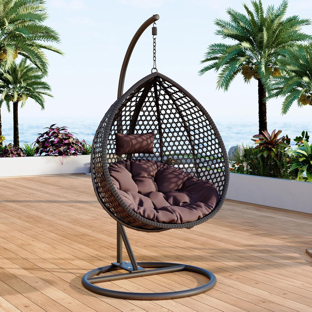 Egg Swing Chair Outdoor with Stand, Indoor Hanging Egg Chair | Rattan Basket Chair with Cushion and Pillow, Foldable