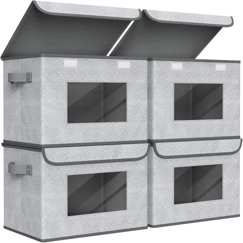 Fabric Closet Storage Bins with Lids for Shelves 4 Pack, Gray | 17 x 12 x 12 In Clothes Storage Bins with Handles &