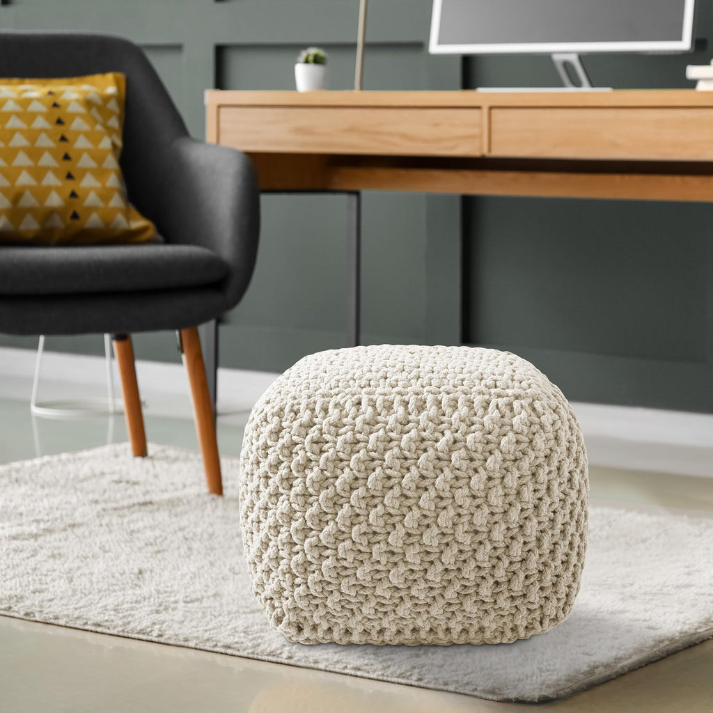 Square Pouf Ottoman, Natural - 18.5" W x 18.5" D x 14.5" H Cotton Knit Foot Stool - Boho Floor Pouffe