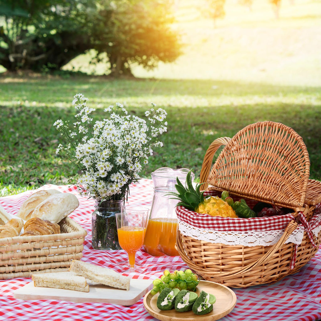 Picnic Basket with Blanket and Bamboo Plate Picnic Supplies, Red